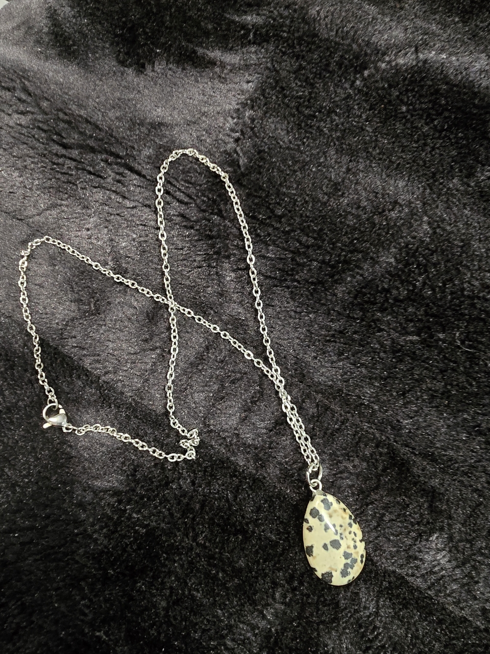 Dalmatian Jasper Teardrop Pendant Necklace - Silver Chain